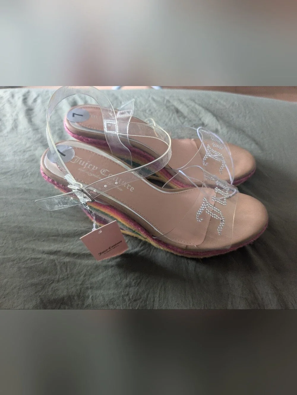 Juicy Couture RAINBOW Jute Wedge Sandals Clear Acrylic Rhinestones Size 7